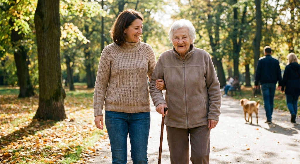 Seniorin und Alltagsbegleiterin beim gemeinsamen Spaziergang im Park