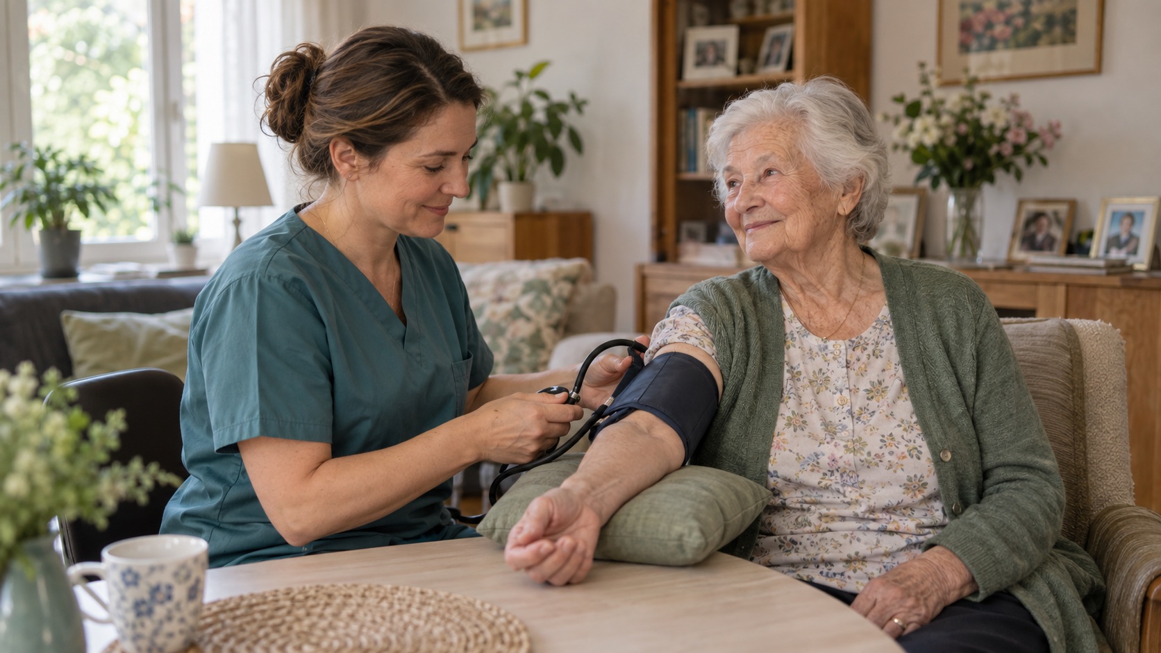 Pflegefachkraft misst einer Seniorin zuhause behutsam den Blutdruck