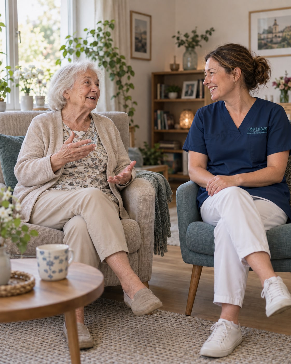 Eine Seniorin und eine Pflegekraft sitzen entspannt in getrennten Sesseln und unterhalten sich auf Augenhöhe