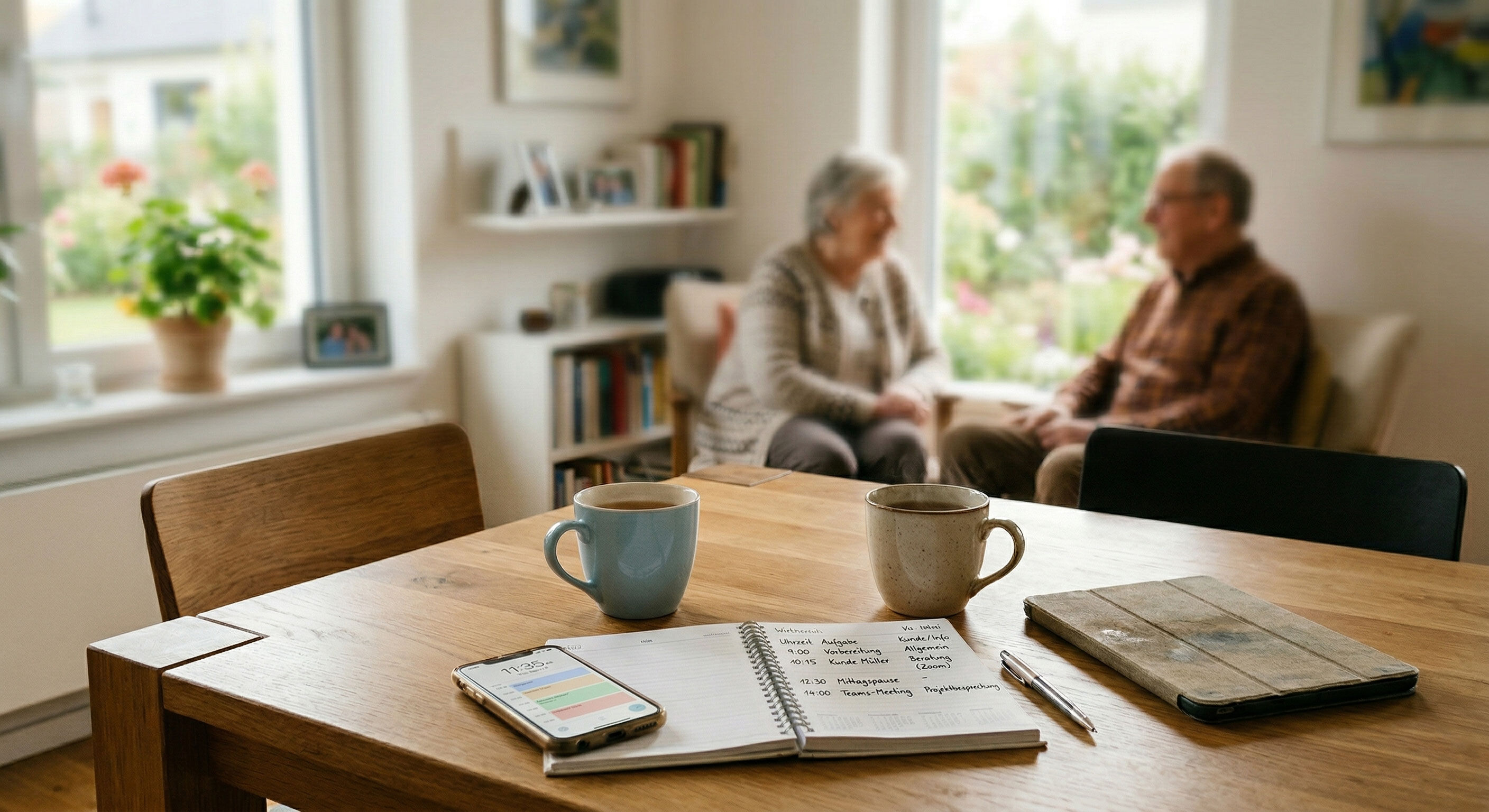 Kalender, Smartphone und Kaffeetassen auf einem Tisch; im Hintergrund unterhalten sich zwei Menschen.