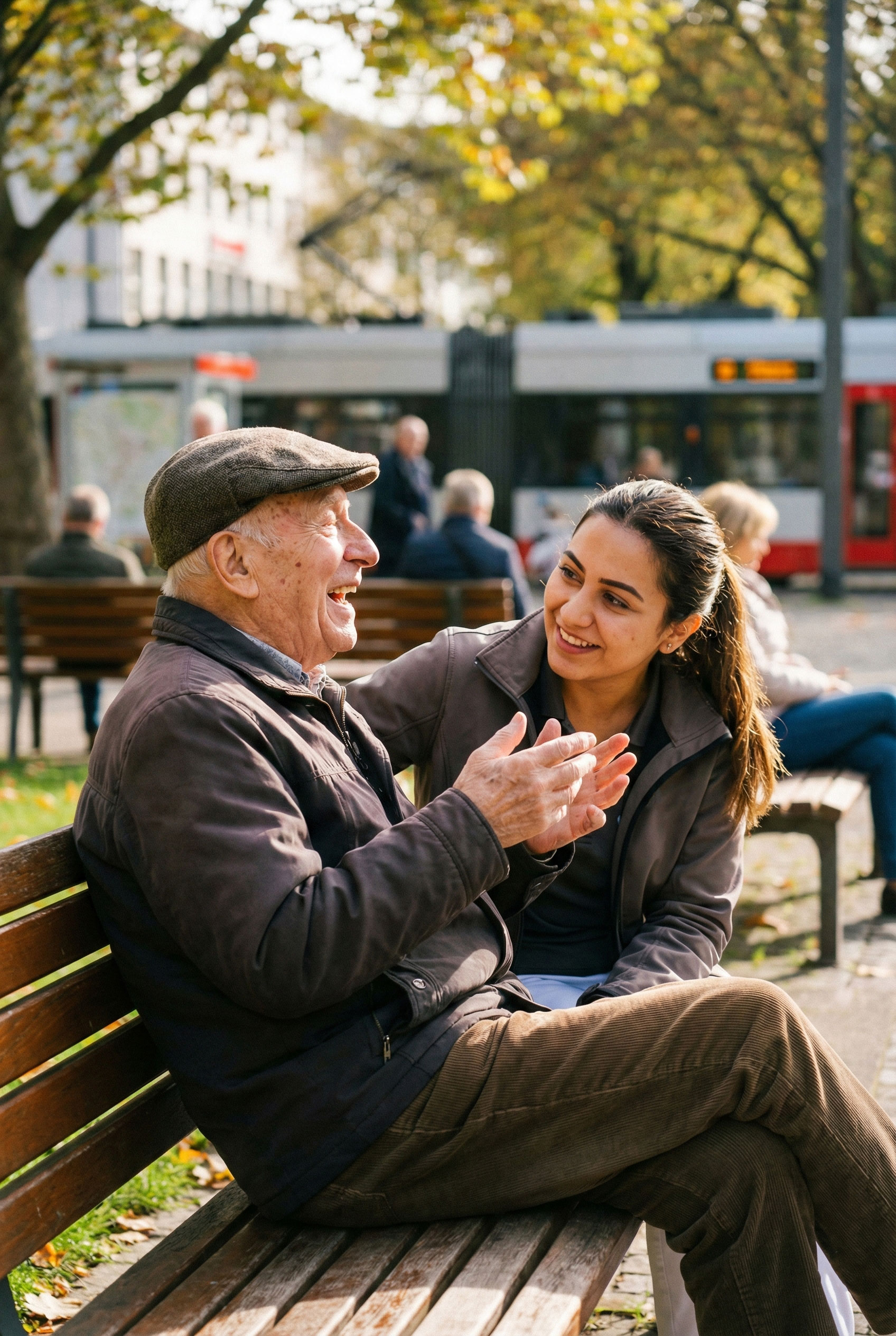 Senior und Alltagsbegleiterin im Gespräch auf einer Parkbank