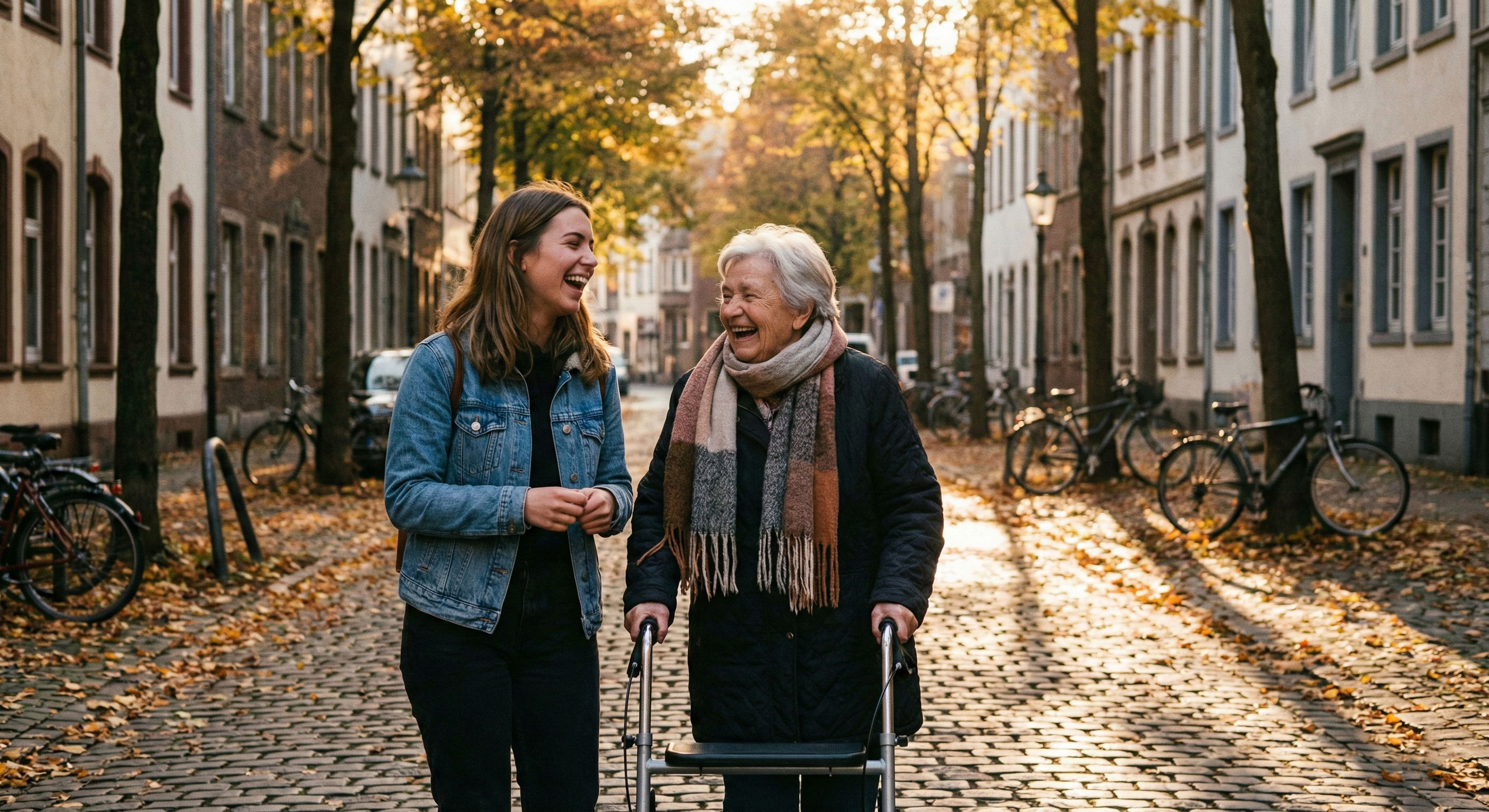 Eine junge Frau und eine Seniorin mit Rollator lachen gemeinsam bei einem Spaziergang.